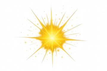 Yellow glowing light effect with bright starburst, golden flare, sparkling particles, and transparent background