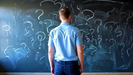 Man in a blue shirt stands in front of a chalkboard filled with question marks, pondering ideas - Powered by Adobe
