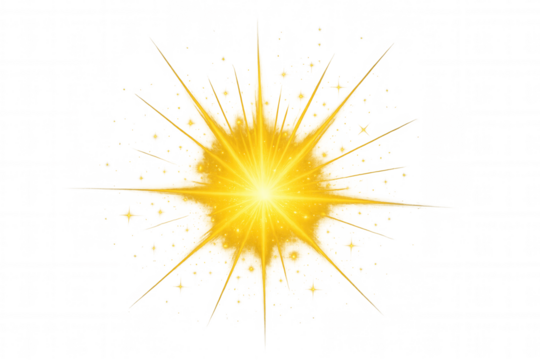 Yellow glowing light effect with bright starburst, golden flare, sparkling particles, and transparent background