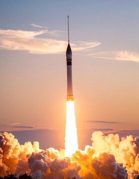 A small rocket launching into twilight sky, glowing exhaust, cinematic fade