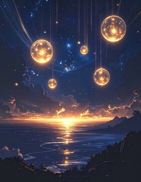 
Floating glowing orbs moving slowly across dark starry sky, subtle light trails
