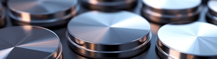Close-up of metallic discs with reflective surfaces.