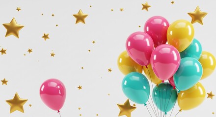 Joyful pink yellow teal balloons float gently against a softly lit white background scattered with gold stars. AI Generated