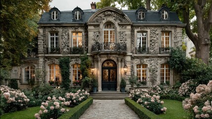 Elegant stone house with gardens.  A stately, aged stone building with ornate details, lit windows, and lush gardens.  French style