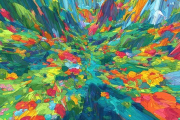 Abstract, vibrant landscape of colorful, geometric shapes