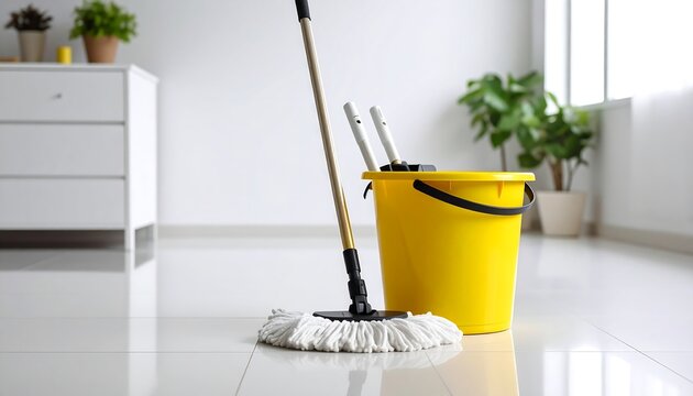 Cleaning tools mop  yellow bucket set up in a modern with bright, and and clean house.