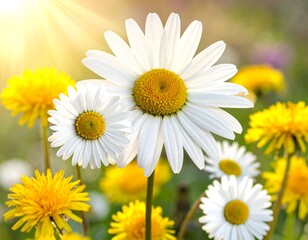 Naklejka premium Blooming daisies in a meadow bathed in sunlight