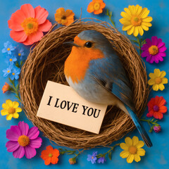 Vibrant Love Bird's Nest Photo | 'I LOVE YOU' Message in Spring Floral Haven | Ultra HD 8K Bird's Eye View Stock Image