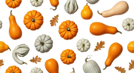 A festive pattern of various colorful gourds and autumn leaves scattered on a transparent background