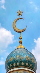 Obraz premium Mosque Dome with Golden Crescent and Star, Islamic Architecture against Cloudy Sky