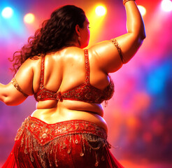 Celebrating Curves A Plus Size Woman's Energetic Belly Dance in Vibrant Studio Light, Body Positivity and Confidence Concept