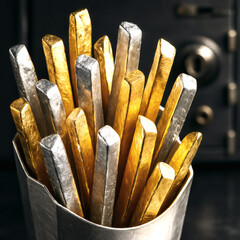 Luxury Golden & Silver French Fries Macro Shot | Precious Metal Culinary Art | High-End Investment & Wealth Concept