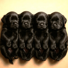 Adorable Four Black Puppies Sleeping in a Row, Top-Down Studio Shot | Ultra High Definition 8K Pet Photography