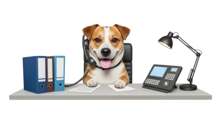 Adorable dog working at office desk on phone creative illustration featuring jack russell, helpful, assistant, animal at work,