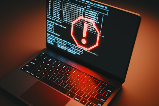 Red Warning Sign on Laptop Screen: Cyber Attack and Data Security Breach. 3D rendering - Powered by Adobe