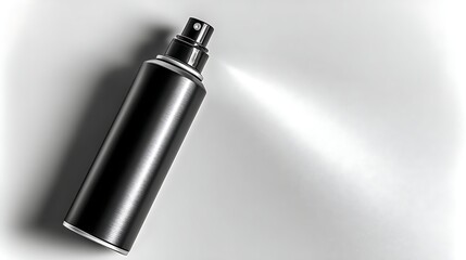 Spraying Black Metal Bottle Product Shot of Aerosol Spray Can on White Background