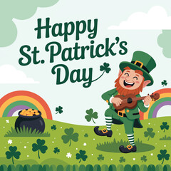 Happy St Patricks Day leprechaun playing ukulele with pot of gold