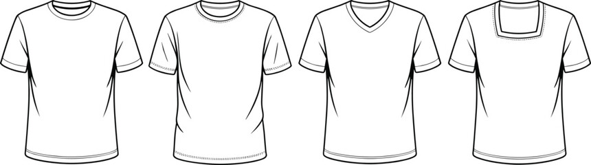 Four t shirt neckline styles technical flat sketch front views with crew neck, v neck, square neck, fashion CAD vector illustration