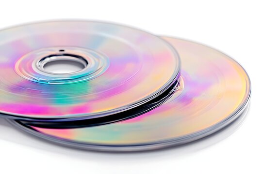 Stack of CDs or DVDs Discs with Rainbow Iridescent Reflections on White Background