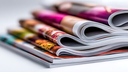 Stack of Colorful Magazines with Rolled Edges and Glossy Pages Laying on White Background