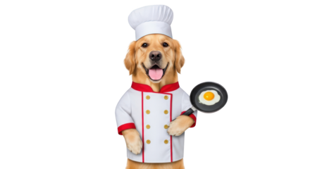Chef Dog Holding Fried Egg creative illustration featuring adorable, animal, culinary, frying pan, kitchen, mammal modern