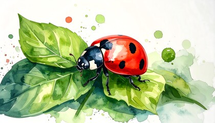 Watercolor ladybug on verdant leaf a vibrant artistic depiction