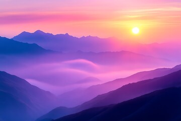 Obraz premium Mountain Range Silhouette at Sunset, Pink and Purple Landscape with Vivid Sunlight