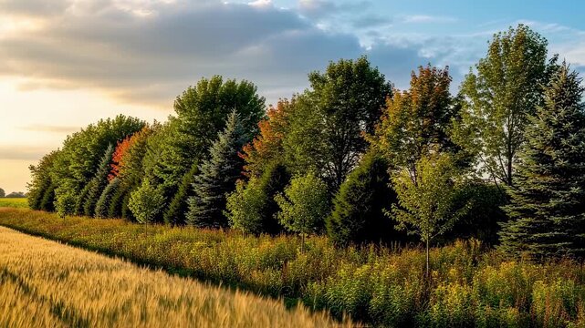 Medium shot of diversified shelterbelts featuring tall trees creating a dense windbreak with layered foliage for maximum wind protection.