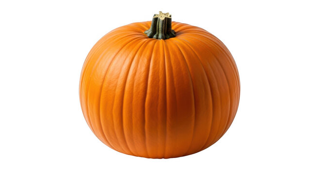 A bright orange pumpkin sits isolated on a plain transparent background, ready for autumn