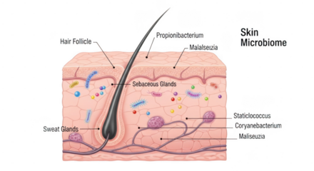 Crosssection of human skin showing hair follicle, sebaceous glands, sweat glands, and various bacteria isolated on transparent background