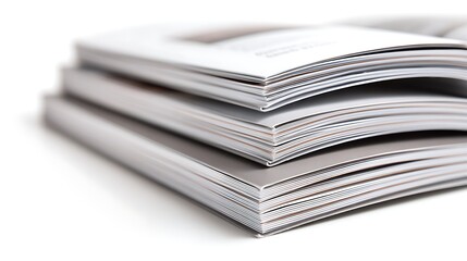 Stack of Magazines with White Pages, Brochures, and Glossy Covers on White
