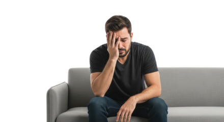 Distressed Young Man Sitting on Sofa Feeling Sad creative illustration featuring burnout, frustrated, person, loneliness, upset,