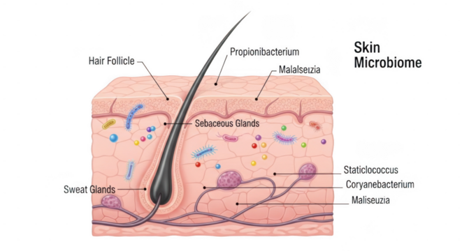 Crosssection of human skin showing hair follicle, sebaceous glands, sweat glands, and various bacteria isolated on transparent background
