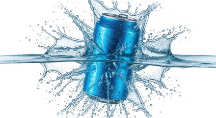 A blue soda can splashes dramatically into water, creating a dynamic burst of liquid isolated on transparent background