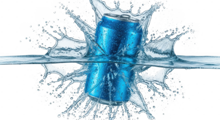 A blue soda can splashes dramatically into water, creating a dynamic burst of liquid isolated on transparent background