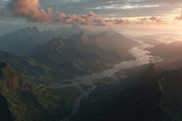 Panoramic view of a valley with lush green mountains, a winding river, and a vibrant sunset