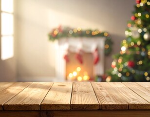 Blurred Christmas scene, wooden table top