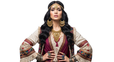 Elegant Woman in Traditional Ethnic Attire and Jewelry creative illustration featuring detailed, portrait, model, gemstones,