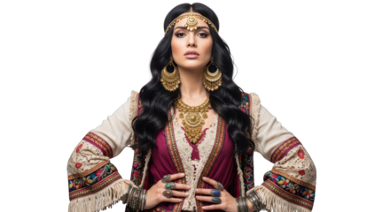 Elegant Woman in Traditional Ethnic Attire and Jewelry creative illustration featuring detailed, portrait, model, gemstones,