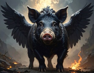 A pig with angel wings on a ravaged landscape
