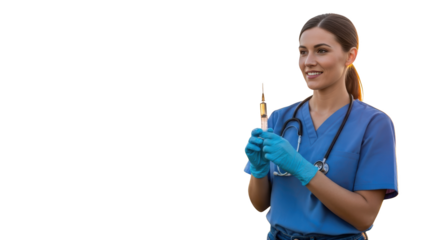 Female Doctor Holding Syringe Healthcare Professional creative illustration featuring care, medical professional, blue, hopeful, medical equipment, hospital modern