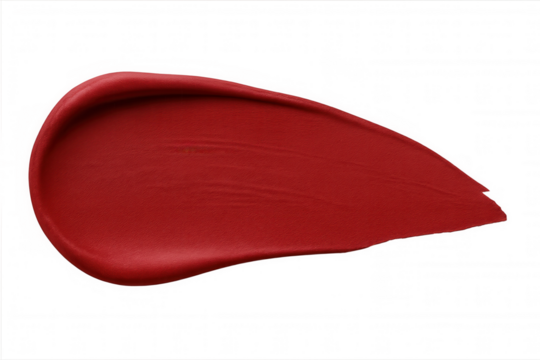 Red lip cream swatch with rich matte texture, cosmetic lipstick product isolated on transparent background