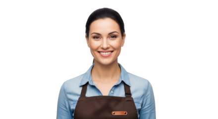 Friendly smiling waitress or barista in apron on white background creative illustration featuring posing,