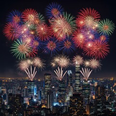 Colorful Fireworks Display Over a Modern City at Night.