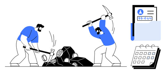 Two men using pickaxe and hammer to break rocks, folder with profile documents, and calendar symbolizing labor, productivity, goal-setting. Ideal for teamwork, effort, deadlines, targets resilience