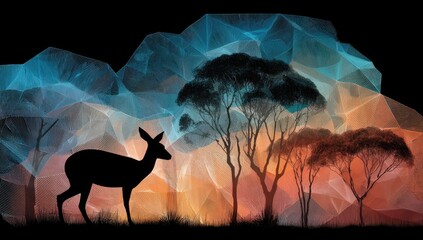 Silhouette of a deer in a stylized landscape with trees and abstract shapes.