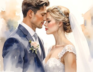 Watercolor Portrait of a Loving Couple on Their Wedding Day