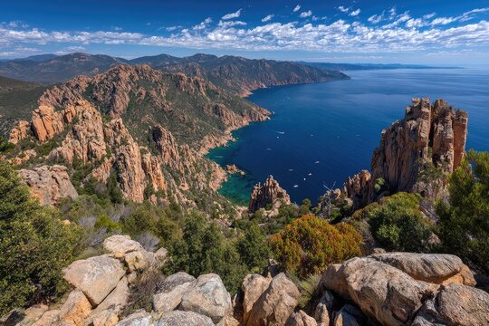 Panoramic view of rugged coastline with turquoise water - Powered by Adobe