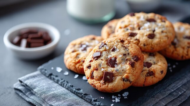 Chocolate Chip Cookies Stacked on Slate Board with Milk Jar Food Photography