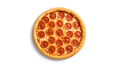 Wandcirkels Restaurant Delicious Pepperoni Pizza with Overhead View, and Isolated on White Background.  © Ana